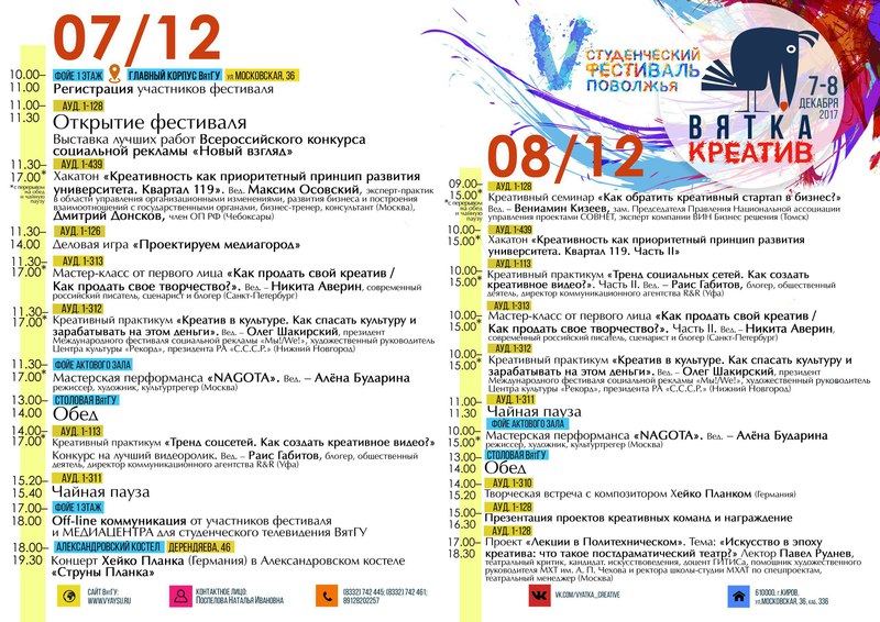 V студенческий фестиваль «Вятка-креатив»: 7–8 декабря 2017 года V студенческий фестиваль «Вятка-креатив»: 7–8 декабря 2017 года